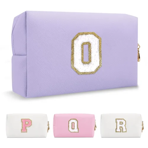 Miniatura 122 de Pequeña bolsa de maquillaje personalizada con inicial A-Z Preppy Patch, bolsa de cosméticos de viaje de felpilla blanca con cremallera, bonita bolsa