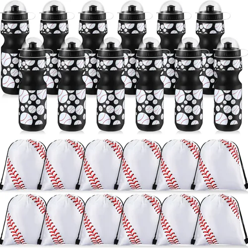Hosuly 24 piezas 24 onzas Botella de agua de béisbol al por mayor y juego de bolsa con cordón 12 botellas de agua reutilizables de plástico para