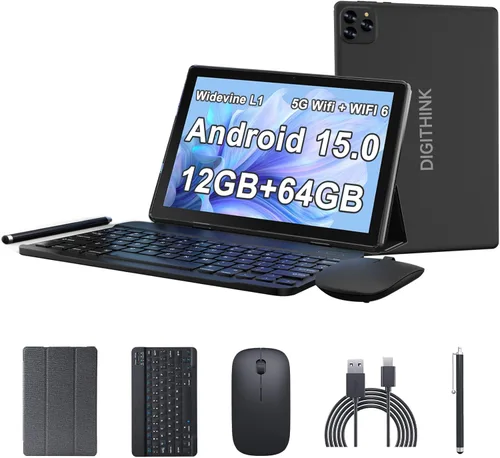 Tableta DIGITHINK Android 15 de 10 Pulgadas 12 (3+9) GB RAM 64GB ROM Expansible a 2TB, Pantalla IPS de 1280 x 800 5G WiFi 6 BT5.0 Cámara Dual,