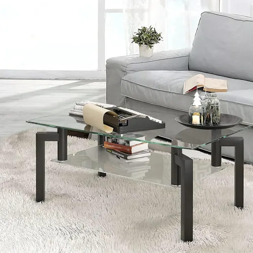 Miniatura 7 de Mesa de centro rectangular de vidrio templado, mesa de té de 2 niveles, mesa auxiliar moderna con estante inferior y patas de madera, mesa de centro