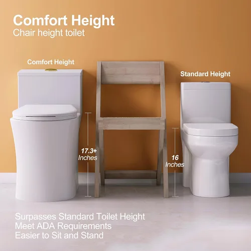 Miniatura 5 de HOROW T0338WG Inodoro de una pieza con botón dorado, inodoro alargado con asiento de comodidad, altura para silla ADA 17.3", descarga doble 0.8/1.28