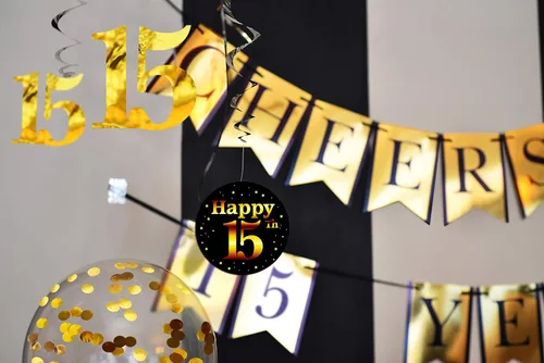 Miniatura 4 de Paquete de decoración para fiesta de 15 cumpleaños y aniversarios – Banner, Globos, remolinos y confeti suministros para fiesta