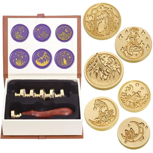 SWANGSA Juego de sellos de cera, 6 cabezales de sello de sellado de la serie Moon vintage y 1 kit de sello de cera con mango de madera