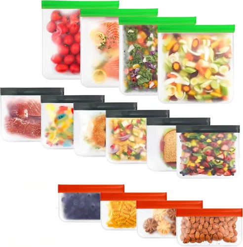Miniatura 13 de Paquete de 10 bolsas extra gruesas de silicona reutilizables para almacenamiento de alimentos, 3 pequeñas, 4 medianas, 3 bolsas grandes con cierre