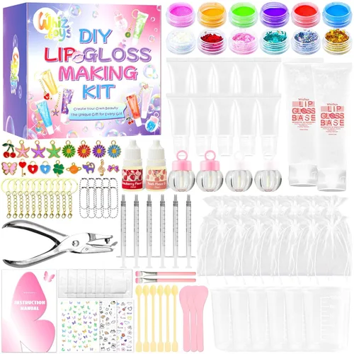 Miniatura 9 de WhizToys Kit de fabricación de brillo de labios de 74 piezas, haz tus propios brillos de labios hidratantes, esmalte hecho a mano con purpurina