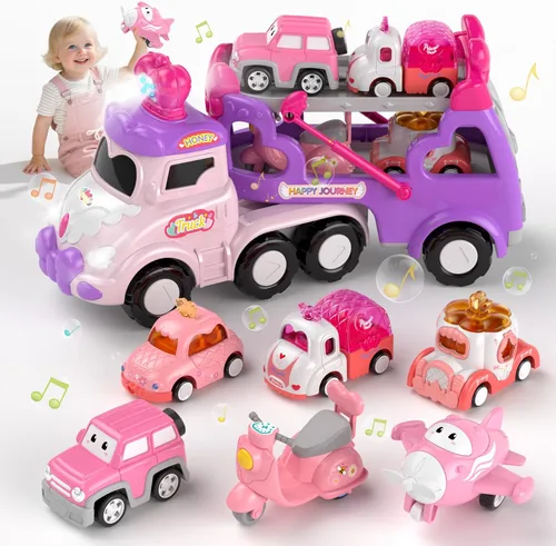 Miniatura 10 de newcrave Camión transportador 7 en 1 de juguetes para niñas de 1, 2, 3 años, regalos de cumpleaños, juguetes de princesa para niños pequeños de 1 a