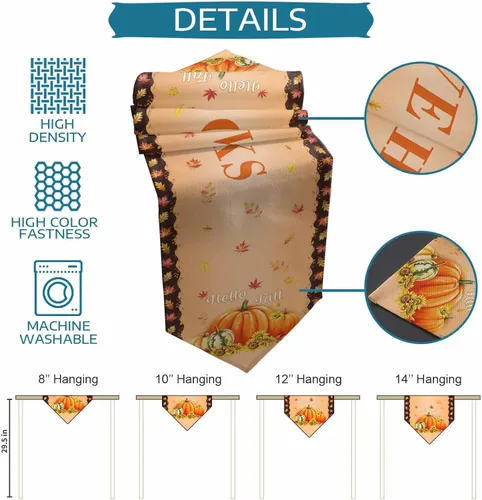 Miniatura 7 de Camino de mesa de otoño de 36 pulgadas de largo para Acción de Gracias, calabaza, girasol, retro, naranja, antideslizante, lavable, para cenas