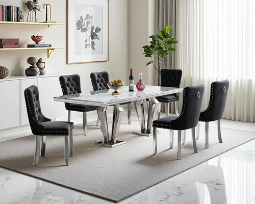 Miniatura 92 de Juego de mesa de comedor de mármol sintético, 7 piezas, juego de mesa de cocina y comedor para 6, mesa de comedor rectangular blanca de 70 pulgadas