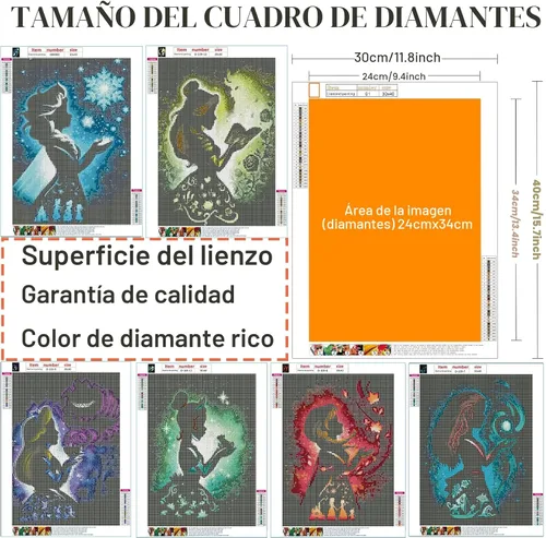 Miniatura 2 de Kit de pintura de diamante de princesa de 12 piezas, arte de diamantes 5D para adultos, kit de pintura digital de diamante completo redondo, kit