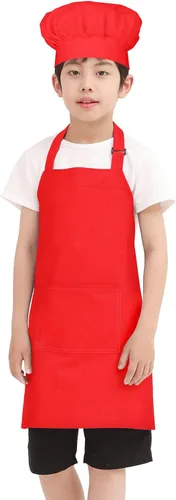 Miniatura 17 de BIGHAS Juego de delantal de chef para niños y niñas, correa ajustable para el cuello, cierre de gancho y bucle, diseño de cintura para hornear Blanco
