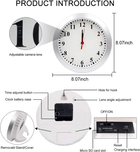 Miniatura 6 de Pelay Reloj de pared con detector de cámara oculta, 1080P, sin WiFi, cámara de seguridad, cámara de niñera, grabadora de video con detección