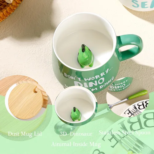 Miniatura 2 de BigNoseDeer Taza Bonita de Dinosaurio Taza de Café de Cerámica con Dinosaurio de Dibujos Animados 3D en el Interior, Tazas Divertidas con Tapa