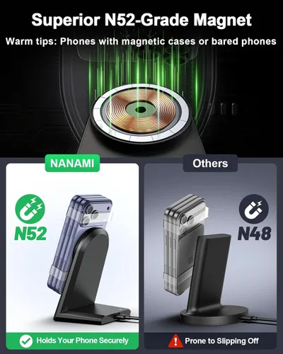 Miniatura 12 de NANAMI Soporte de cargador inalámbrico magnético de 25 W, cargador de teléfono magnético rápido, alineación N52, ajustable en 360°, LED