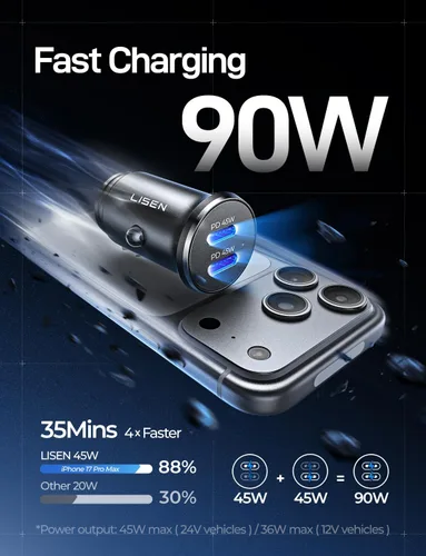 Miniatura 2 de LISEN Cargador de coche USB C de 90 W para iPhone 17, cargador de automóvil de 40 W, carga rápida, 2 puertos PD 45 W y cargador USB QC 3.0