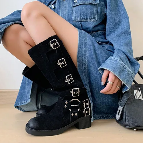 Miniatura 3 de Vertundy Botas altas hasta la rodilla para mujer, botas de tacón bajo grueso de pantorrilla ancha, botas vaqueras de equitación occidental, botas