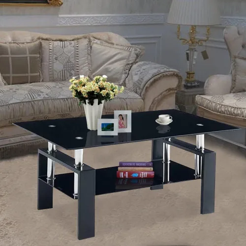 Miniatura 6 de Mesa de centro rectangular de vidrio, mesa de centro lateral de patas de madera de ingeniería moderna con estante inferior, mesa de centro de vidrio