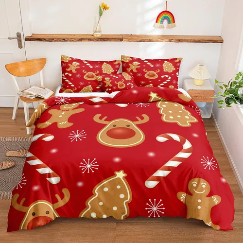 Miniatura 36 de Juego de ropa de cama de Navidad con funda de edredón de copos de nieve, color blanco y rojo, con estampado navideño, juego de ropa de cama festiva