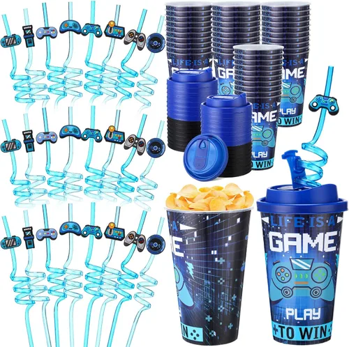 Miniatura 28 de Yungyan 16 juegos de tazas de golosinas con tapas y pajitas para decoraciones de cumpleaños, reutilizables, 16 onzas, vasos de plástico para dulces
