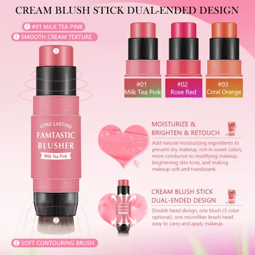 Miniatura 3 de LOKFAR Rubor en barra en crema para mejillas – Rubor de maquillaje múltiple 2 en 1 con pincel para tinte de mejillas, ojos y labios, textura en #01