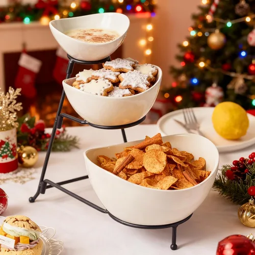 Miniatura 6 de Gomakren - Juego de cuencos ovalados de 3 niveles, soporte plegable de metal negro Multi-capacity porcelain bowls holiday party display, stable