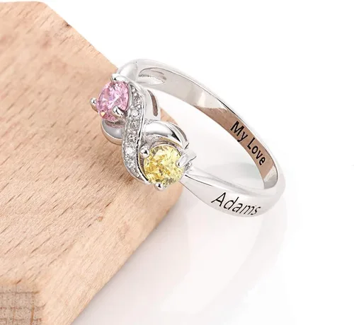 Miniatura 4 de Anillo personalizado para madres infinitas con 2 piedras natales redondas simuladas, anillos de compromiso para mujer