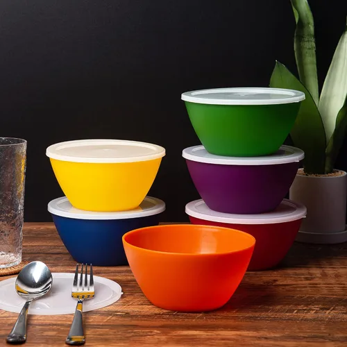 Miniatura 4 de KX-WARE Juego de 6 cuencos de plástico con tapas, irrompibles y reutilizables, de 6 pulgadas, para cereales, sopas y ensaladas, multicolor, aptos