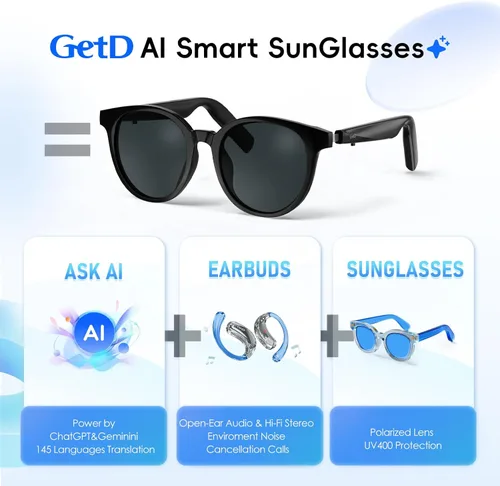 Miniatura 2 de GetD Lentes de sol inteligentes, lentes polarizados redondos Bluetooth para mujeres y hombres con altavoz, gafas de música, traductor AI, duración