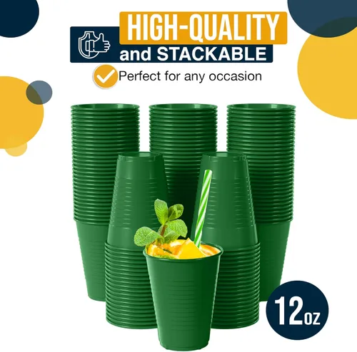 Miniatura 3 de Exquisitos vasos de plástico verdes de 12 onzas para suministros de fiesta, paquete de 50 vasos desechables verdes de plástico, vasos desechables