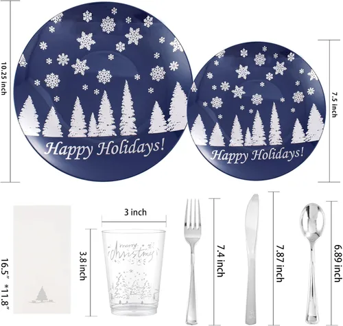 Miniatura 2 de Hioasis 175 piezas de platos de plástico para Navidad - Platos desechables de plástico azul y plateado incluyen 25 platos para cenar, 25 platos