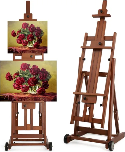 VISWIN Caballete de estudio con marco en H, inclinado plano y ajustable, caballete de arte de madera de haya para pintar, caballete grande móvil