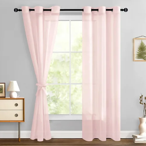 Miniatura 114 de Hiasan - Cortinas traslúcidas de gasa cortas semitransparentes con ojales y alzapaños filtrantes de luz para ventana, dormitorio, baño, 2 paneles