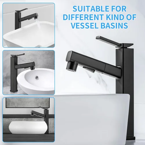 Miniatura 4 de HANLIAN Grifo de lavabo tipo vasija de baño extraíble de una sola manija con boquilla giratoria, moderno grifo de baño alto de un solo orificio