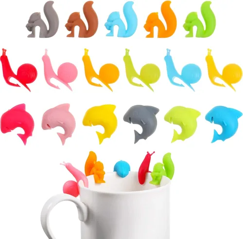 Boao 36 soportes de silicona para bolsitas de té, dijes de vino, identificadores de vidrio, marcadores de bebidas, lindo caracol, ardilla, tiburón,