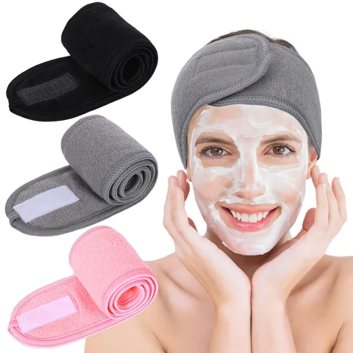 Whaline Diademas faciales de spa, 3 piezas, diadema de tela de toalla suave y ajustable para lavado de cara, ducha, cubierta facial, yoga (negro,