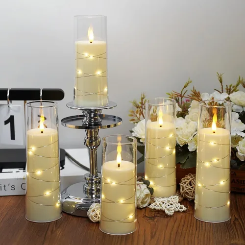 Miniatura 2 de Velas sin llama, con cadena de estrellas incorporada, velas operadas por baterías, velas LED parpadeantes, velas de pilar con control remoto