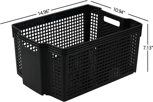 Miniatura 2 de Vababa Paquete de 12 cestas de almacenamiento grandes, apilables, rectangulares, de plástico, color negro Plastic Material, Cut-Out Carry Handles