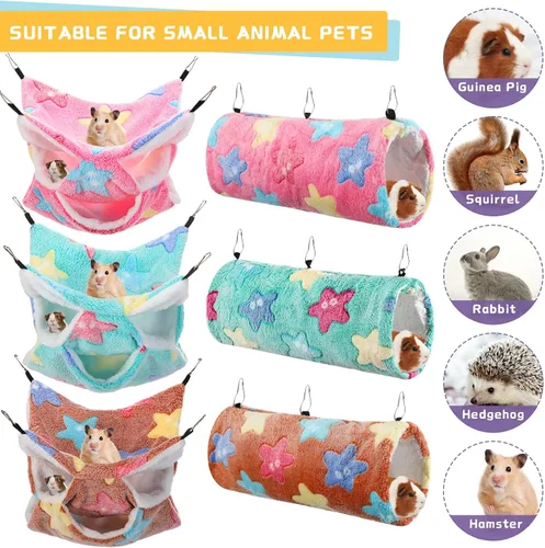 Miniatura 6 de Sweetude Juego de 6 hamacas para ratas, túnel colgante de hurón, hamacas de conejillo de indias de 3 niveles, cama de chinchilla suave para jaula