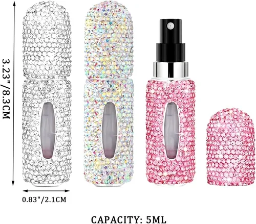 Miniatura 3 de Botella de spray de perfume de 0.2 fl oz con diamantes de imitación rosa, portátil, portátil, para viajes, niebla fina, recargable, mini