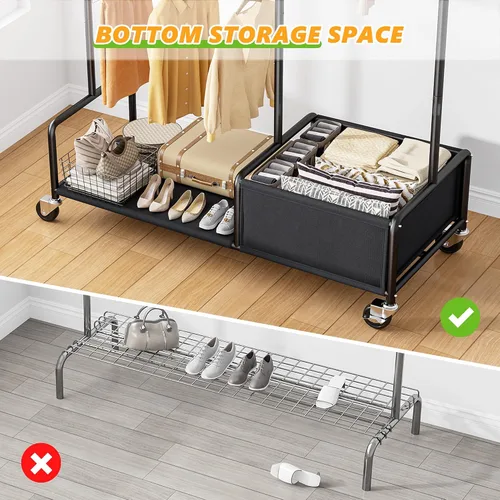 Miniatura 2 de Raybee Percheros para colgar ropa, perchero ajustable con ruedas bloqueables, estantes de almacenamiento, estante multifuncional para dormitorio