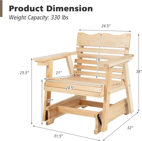 Miniatura 3 de Giantex Mecedora para exteriores – Mecedora de madera para porche con respaldo alto, reposabrazos ampliados, asiento curvo, portavasos giratorio
