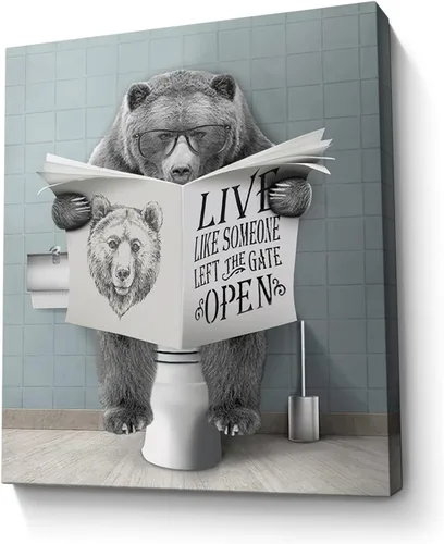 Miniatura 19 de Bonito oso para decoración de baño, arte de pared divertido con estampado de oso de casa de campo, pintura decorativa de pared enmarcada moderna
