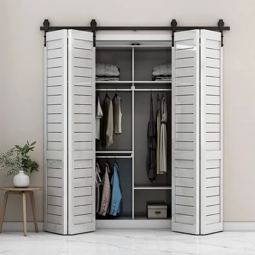 Miniatura 9 de Kit de herrajes para puerta de granero plegable deslizante BONIKLUBA de 48", suave y silencioso, rodillo negro montado lateralmente, fácil