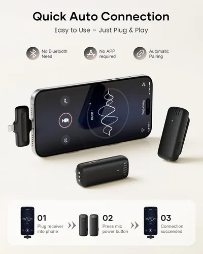 Miniatura 2 de Micrófono Lavalier inalámbrico para iPhone, iPad y Android con funda de carga, micrófono de solapa con reducción de ruido, duración de la batería