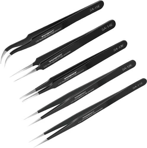 TOWOT Juego de 5 pinzas de precisión, pinzas antiestáticas premium de acero inoxidable para manualidades, electrónica, soldadura, fabricación de