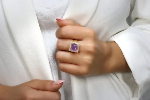 Miniatura 2 de Intrincado anillo de piedra natal de febrero, anillo de amatista en doble banda chapada en oro de 14 quilates, joyería de amatista hecha a mano