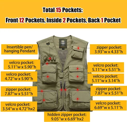 Miniatura 2 de Flygo Chaleco de carga para hombre, casual, para exteriores, trabajo, safari, pesca, viajes, fotos, chaleco con múltiples bolsillos