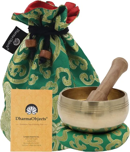 Miniatura 14 de DharmaObjects ~ Juego de cuencos tibetanos OM con mazo, cojín de brocado y bolsa de transporte ~ para meditación, curación de chakras, oración, yoga