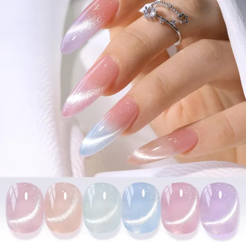 Miniatura 11 de Double Rhythm Juego de esmaltes de gel de ojo de gato, 6 colores, purpurina brillante con imán, holográfico, reflectante, magnético, UV, kit de arte
