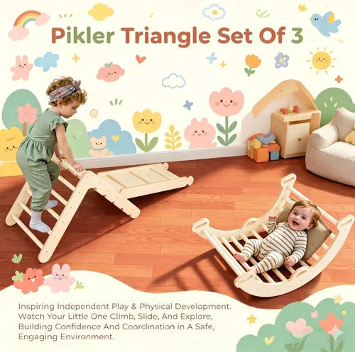 Miniatura 2 de LINKHOO Pikler Triangle Set of 3, Wooden Montessori Climbing Set for Toddlers Ages 2-6, Indoor Jungle Gyms with Arch, Ramp and Ladder, Natural