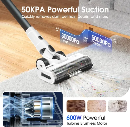 Miniatura 2 de Klarpul Aspiradora inalámbrica, 2 baterías, 140 minutos de tiempo de funcionamiento, 600 W, 50 Kpa, aspiradora inalámbrica, aspiradora de pie